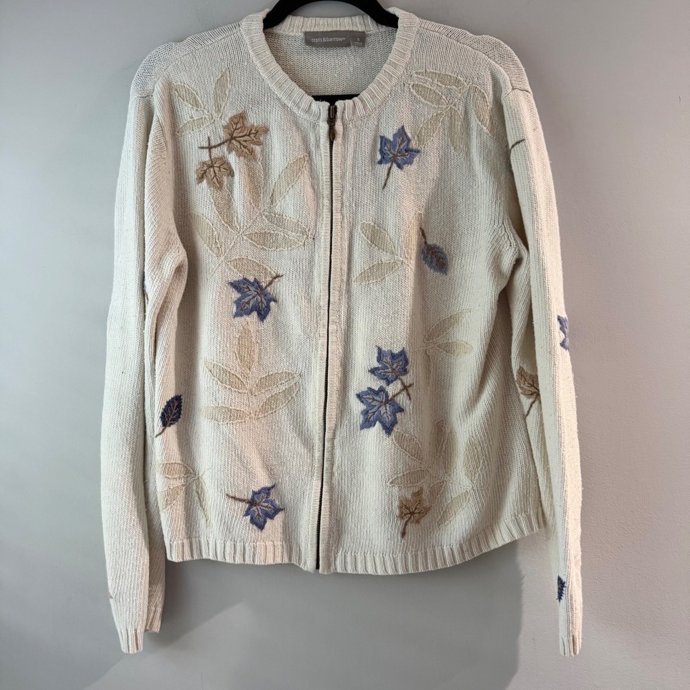 Croft & Barrow Cardigan Womens Small Cream Zip Front Embroidered Leaf Excellent